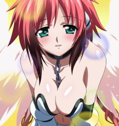 Rule 34 | 00s, 1girl, absurdres, angel wings, bad id, bad pixiv id, bare shoulders, between breasts, blush, breasts squeezed together, breasts, chain between breasts, chain, cleavage, collar, feathered wings, green eyes, highres, ikaros, large breasts, leaning forward, navel, red hair, robot ears, smile, solo, sora no otoshimono, sparkle, sumomo (tyc78503012), v arms, wings