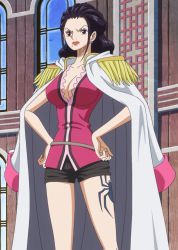 Rule 34 | 1girl, bare legs, black hair, breasts, gion (one piece), hands on own hips, highres, large breasts, leg tattoo, lipstick, long hair, looking to the side, makeup, military, one piece, screencap, serious, short shorts, shorts, solo, standing, tattoo