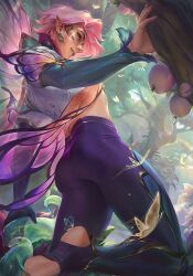 Rule 34 | 1boy, ass, bich hoan, black gloves, bug, butterfly, crop top, day, earrings, ezreal, faerie court ezreal, fairy, fairy wings, gloves, highres, insect, jewelry, league of legends, male focus, official alternate costume, outdoors, pants, pink hair, pointy ears, purple pants, short hair, single glove, smile, solo, wings