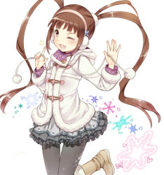Rule 34 | 10s, 1girl, ;d, bad id, bad pixiv id, brown eyes, brown hair, contact966, earmuffs, idolmaster, idolmaster million live!, long hair, matsuda arisa, one eye closed, open mouth, pantyhose, petite, pom pom (clothes), skirt, smile, twintails, wink