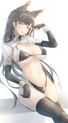 Rule 34 | 1girl, absurdres, animal ears, atago (azur lane), atago (stunning speedster) (azur lane), azur lane, bikini, black bikini, black hair, black thighhighs, blush, breasts, brown eyes, cum, cum string, extra ears, facial, hand up, highres, large breasts, long hair, looking at viewer, mole, mole under eye, navel, race queen, ribbon, shrug (clothing), sitting, smile, solo, swimsuit, thighhighs, thighs, wrist cuffs, yusha m