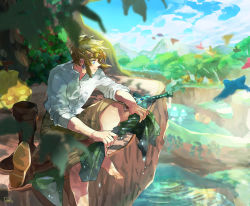 Rule 34 | 1boy, barefoot, bird, blonde hair, blue eyes, blurry, blurry foreground, boots, unworn boots, earrings, full body, hair between eyes, highres, jewelry, leaf, link, looking to the side, male focus, medium hair, mountain, nature, nintendo, outdoors, pra 11, shirt, sidelocks, sitting, sleeves rolled up, smile, solo, sword, the legend of zelda, the legend of zelda: skyward sword, water, weapon, white shirt, wringing clothes