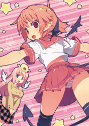 Rule 34 | 2girls, angel wings, bat wings, blue eyes, blush, checkered clothes, checkered skirt, demon tail, halo, highres, horns, jacket, long hair, multiple girls, open mouth, original, panties, pink hair, red eyes, red hair, school uniform, short hair, signature, skirt, star (symbol), striped clothes, striped panties, sumaki shungo, tail, underwear, upskirt, wings