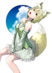 Rule 34 | 1girl, absurdres, animal ears, bad id, bad pixiv id, bare shoulders, blonde hair, detached sleeves, dress, fang, green eyes, highres, hitotose hirune, looking at viewer, open mouth, original, short hair, solo, tail