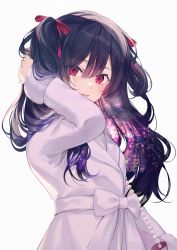 Rule 34 | 1girl, achiki, adjusting hair, arm up, bag, black hair, bow, cityscape, hair between eyes, hair ribbon, handbag, highres, jacket, looking at viewer, medium hair, open mouth, original, overlapped images, red eyes, red ribbon, ribbon, simple background, solo, two side up, upper body, white background, white bow, white jacket