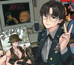 Rule 34 | carabiner, carrying, carrying under arm, cigarette, copyright notice, crt, deng xiaoping, dog tags, glasses, gun, hat, highres, holding, holding drawing, holding gun, holding weapon, hong kong 97, jackie chan, light smile, looking at viewer, mia wallace, military uniform, original, people, poster (object), pov, pulp fiction, smoking, speaker, translation request, uniform, v, wani (perfect han), weapon