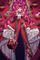 Rule 34 | 1girl, absurdres, baobhan sith (fate), baobhan sith (first ascension) (fate), bare shoulders, boots, breasts, center frills, chair, crossed legs, dress, fate/grand order, fate (series), frills, grey eyes, twirling hair, high heels, highres, large breasts, lips, long hair, on chair, pink hair, pointy ears, red dress, red footwear, shoes, shui xiao, solo, thigh boots