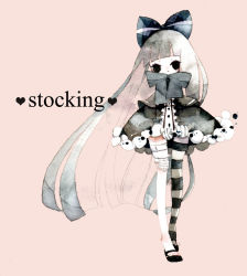 Rule 34 | 10s, 1girl, bad anatomy, bad id, bad pixiv id, bandaid, black eyes, bow, character name, hair bow, lolita fashion, long hair, long legs, no nose, painting (medium), panty &amp; stocking with garterbelt, pink background, sheep66, simple background, single thighhigh, skinny, solo, stocking (psg), striped clothes, striped thighhighs, thighhighs, traditional media, watercolor (medium)