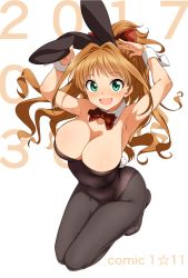 Rule 34 | 1girl, animal ears, black leotard, black pantyhose, bow, bowtie, breasts, brown hair, cleavage, commentary request, dated, detached collar, fake animal ears, full body, green eyes, hatakenaka (kamagabuchi), high ponytail, highres, hino akane (idolmaster), idolmaster, kneeling, large breasts, leotard, long hair, looking at viewer, open mouth, pantyhose, playboy bunny, ponytail, rabbit ears, rabbit tail, red bow, red bowtie, scrunchie, smile, solo, strapless, strapless leotard, tail, white background, wrist cuffs