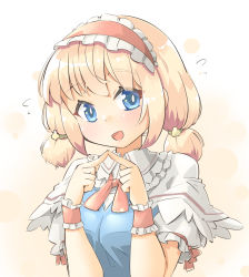 Rule 34 | 1girl, alice margatroid, alternate hairstyle, arnest, blonde hair, blue dress, blue eyes, blush, bow, bowtie, capelet, collared shirt, dress, flying sweatdrops, frilled hairband, frills, hairband, highres, index fingers together, lolita hairband, looking at viewer, low twintails, open mouth, puffy short sleeves, puffy sleeves, red neckwear, shirt, short sleeves, sidelocks, touhou, twintails, white capelet, white shirt, wristband