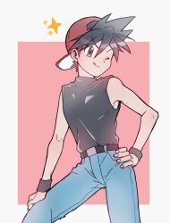 Rule 34 | 1boy, backwards hat, ca pkmn, creatures (company), game freak, hat, highres, male focus, md5 mismatch, nintendo, one eye closed, pokemon, pokemon adventures, red (pokemon), sleeveless, solo, tongue, tongue out, wink