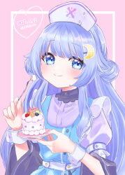 Rule 34 | 1girl, absurdres, artist name, blue dress, blue eyes, blue hair, cake, closed mouth, commentary request, crescent, crescent hair ornament, dated, double bun, dress, food, fork, hair bun, hair ornament, hat, highres, holding, holding fork, holding plate, long hair, looking at viewer, mirutani nia, noripro, nurse cap, plate, puffy short sleeves, puffy sleeves, purple shirt, shirt, short sleeves, smile, solo, upper body, virtual youtuber, wrist cuffs, yuri kyanon