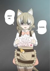 Rule 34 | 10s, 1girl, animal ears, apron, arkeden razeare, bow, bowtie, brown eyes, character doll, commentary, empty eyes, english text, hair between eyes, highres, kemono friends, light brown hair, long sleeves, looking at viewer, multicolored hair, open mouth, serval (kemono friends), shirt, short hair, skirt, solo, speech bubble, standing, thighhighs, thylacine (kemono friends), thylacine ears, thylacine tail, white hair