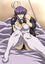 Rule 34 | 1girl, antenna hair, bed, bed sheet, breasts, cosplay, female focus, ghost in the shell, gloves, jacket, kusanagi motoko, kusanagi motoko (cosplay), large breasts, leotard, looking at viewer, original, solo, yuki (artist)