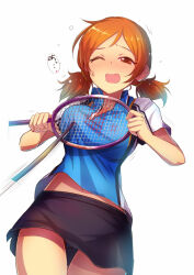 Rule 34 | 1girl, badminton racket, black skirt, blue shirt, blush, breasts, brown eyes, brown hair, cowboy shot, dot nose, fencing, flying sweatdrops, hands up, heart, holding, holding racket, idolmaster, idolmaster cinderella girls, idolmaster cinderella girls starlight stage, kara (color), komatsu ibuki, large breasts, looking at viewer, low twintails, midriff peek, motion lines, navel, one eye closed, open mouth, racket, shirt, short hair, short sleeves, simple background, skirt, solo, speech bubble, standing, sweatdrop, twintails, white background