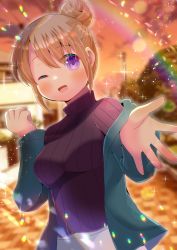 Rule 34 | 1girl, ;d, black sweater, blue jacket, blurry, blurry background, blush, breasts, brown hair, depth of field, grey skirt, hair between eyes, hair bun, hand up, jacket, kou hiyoyo, lens flare, long sleeves, looking at viewer, medium breasts, one eye closed, open clothes, open jacket, open mouth, original, outdoors, purple eyes, ribbed sweater, single hair bun, skirt, smile, solo, sunset, sweater, turtleneck, turtleneck sweater