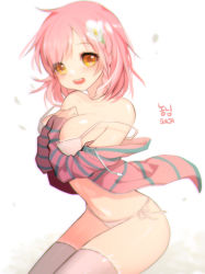 Rule 34 | 1girl, artist name, bad id, bad pixiv id, between breasts, blush, bra, braid, breasts, chromatic aberration, covering privates, embarrassed, flower, hair flower, hair ornament, large breasts, off shoulder, open mouth, orange eyes, panties, petals, pink bra, pink hair, pink panties, short hair, side-tie panties, solo, sukja, thighhighs, underwear, white panties, white thighhighs