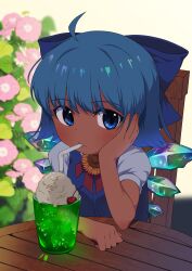 1girl absurdres blue_bow blue_eyes blue_vest bow cirno drink hair_bow hidden_star_in_four_seasons highres looking_at_viewer puffy_short_sleeves puffy_sleeves punidayo short_hair short_sleeves sitting solo table tan tanned_cirno touhou vest wooden_chair wooden_table