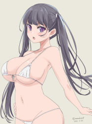 Rule 34 | 1girl, bikini, black hair, blush, breasts, dated, fang, front-tie bikini top, front-tie top, hand on own hip, highres, kichihachi, large breasts, long hair, looking at viewer, micro bikini, mole, mole under eye, navel, open mouth, original, purple eyes, simple background, solo, string bikini, swimsuit, twintails, twitter username, very long hair, white background, white bikini