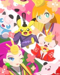 Rule 34 | 1girl, blue eyes, blush, candy, chansey, clefairy, creatures (company), food, game freak, gen 1 pokemon, gym leader, hair between eyes, happy, highres, japanese clothes, jessie (pokemon), jigglypuff, kimono, legs, lollipop, misty (pokemon), nintendo, nody (nody lowmoo), orange hair, pikachu, pokemon, pokemon (anime), pokemon (classic anime), pokemon ep052, red hair, robe, short hair, slowpoke, smile, thighs, yukata