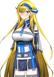 Rule 34 | 1girl, absurdly long hair, absurdres, arknights, arms behind back, bare shoulders, black skirt, blonde hair, blue eyes, blue hairband, blue necktie, blush, breasts, commentary, cowboy shot, elbow gloves, gloves, hair between eyes, hairband, highres, horns, large breasts, long hair, looking at viewer, miniskirt, necktie, pointy ears, saileach (arknights), shirt, simple background, skirt, solo, standing, strapless, strapless shirt, thighhighs, uiru (uiruuun), very long hair, white background, white shirt, zettai ryouiki