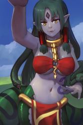 Rule 34 | 1girl, absurdres, belt, breasts, choker, closed mouth, cloud, colored skin, commentary, commission, dark green hair, day, echidna (monster girl encyclopedia), english commentary, facial mark, fangs, forehead mark, forked tongue, grass, green hair, headpat, highres, horizon, incoming headpat, lamia, large breasts, long hair, looking at viewer, markings, monster girl, monster girl encyclopedia, navel, paintrfiend, parted lips, pointy ears, pov, purple skin, scales, sky, slit pupils, smile, snake, snake hair, solo, tail, tattoo, tongue, yellow eyes
