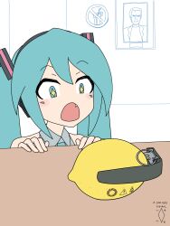 Rule 34 | + +, 1girl, absurdres, aqua eyes, aqua hair, aqua necktie, artist name, cave johnson, collared shirt, commentary, dated, digiral, english commentary, explosive, fang, food, fruit, grenade, grey shirt, hair ornament, hands on table, hatsune miku, headphones, highres, lemon, long hair, meme, necktie, open mouth, portal, portal (series), portal 2, portrait (object), shirt, sleeveless, sleeveless shirt, solo, twintails, vocaloid, white background, woah pipe bomb (meme)