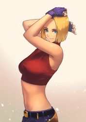 absurdres, arms up, bare shoulders, belt, belt buckle, blonde hair, blue eyes, blue mary, bob cut, breasts, buckle, closed mouth, cowboy shot, crop top, denim, fingerless gloves, forehead, from side, gloves, highres, kurai munio, looking at viewer, medium breasts, midriff, multiple belts, navel, off-shoulder shirt, off shoulder, pants, red shirt, shirt, short hair, simple background, skinny, sleeveless, smile, the king of fighters, tsurime, turtleneck