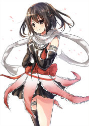 Rule 34 | 1girl, bare shoulders, black gloves, black hair, black necktie, black skirt, black thighhighs, blush, brown eyes, cherry blossoms, clothes lift, commentary, dress, elbow gloves, falling petals, feet out of frame, fingerless gloves, fishnets, floating hair, floating scarf, gloves, hair between eyes, kantai collection, light smile, looking at viewer, necktie, own hands together, petals, pleated skirt, red dress, scarf, sendai (kancolle), single thighhigh, skirt, skirt lift, sleeveless, smile, solo, standing, tai (nazutai), thighhighs, w arms, white dress, white scarf, wind, wind lift, window