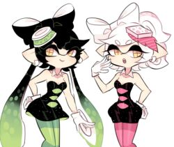 Rule 34 | 2girls, bad id, bad twitter id, bare arms, bare shoulders, black dress, black hair, bow-shaped hair, breasts, bubble skirt, callie (splatoon), cephalopod eyes, charamells, cleavage, closed mouth, collar, color switch, cousins, cowboy shot, cup on head, detached collar, dress, ear piercing, earrings, eyelashes, food, food-themed hair ornament, gloves, green hair, green pantyhose, hair ornament, hand on own hip, hand up, hoop earrings, jewelry, light blush, long hair, looking at viewer, low twintails, marie (splatoon), mole, mole under eye, multiple girls, nintendo, open mouth, pantyhose, piercing, pink pantyhose, pointy ears, short dress, short hair, simple background, skirt, small breasts, smile, splatoon (series), strapless, strapless dress, sushi, teeth, tentacle hair, twintails, two-sided dress, two-sided fabric, very long hair, white background, white collar, white gloves, white hair, yellow eyes