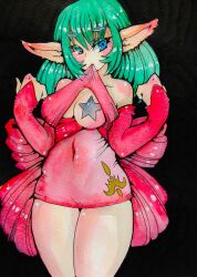 Rule 34 | 1girl, artist request, bare legs, bare shoulders, bishoujo senshi sailor moon, bishoujo senshi sailor moon s, blue eyes, blush, breasts, cleavage, clothes lift, colored skin, curvy, daimon (sailor moon), demon girl, dress, dress lift, green hair, large breasts, looking at viewer, medium hair, no bra, open clothes, open mouth, pasties, pink skin, pointy ears, ribbon, scar (sailor moon), shiny clothes, shiny skin, short dress, solo, standing, star pasties, traditional media, wide hips