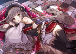 Rule 34 | 1girl, belt, beret, berukko, black thighhighs, blush, braid, bug, butterfly, character name, detached sleeves, floor, granblue fantasy, grey hair, hair ornament, hat, heterochromia, insect, long hair, looking at viewer, lying, open mouth, solo, thick eyebrows, thighhighs, twin braids