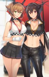 Rule 34 | 2girls, black hair, black pants, black skirt, breasts, brown hair, cleavage, closed mouth, collarbone, feet out of frame, gloves, green eyes, hair between eyes, headgear, holding, holding umbrella, kantai collection, kasumi (skchkko), large breasts, long hair, multiple girls, mutsu (kancolle), nagato (kancolle), navel, open mouth, pants, pleated skirt, race queen, red eyes, red umbrella, short hair, skirt, smile, umbrella, white gloves