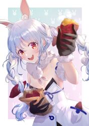 Rule 34 | 1girl, animal ear fluff, animal ears, arm up, bare shoulders, black gloves, black leotard, blue hair, blush, border, braid, breasts, carrot hair ornament, coat, coat dress, commentary request, cowboy shot, detached sleeves, don-chan (usada pekora), dress, extra ears, food, food-themed hair ornament, fur-trimmed coat, fur-trimmed gloves, fur scarf, fur trim, gloves, hair ornament, hand up, highres, holding, holding food, hololive, leotard, leotard under clothes, long hair, looking at viewer, multicolored hair, omichi 1219, open mouth, outside border, outstretched arm, puffy detached sleeves, puffy short sleeves, puffy sleeves, rabbit, rabbit-shaped pupils, rabbit ears, rabbit girl, reaching, reaching towards viewer, red eyes, scarf, short eyebrows, short sleeves, sidelocks, small breasts, smile, solo, standing, strapless, strapless dress, strapless leotard, sweet potato, symbol-shaped pupils, thick eyebrows, twin braids, twintails, two-tone hair, usada pekora, usada pekora (1st costume), virtual youtuber, white border, white coat, white hair, white scarf, white sleeves