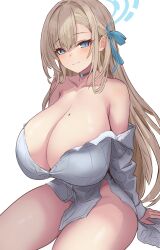 Rule 34 | 1girl, absurdres, alternate breast size, asuna (blue archive), blue archive, blue eyes, blue ribbon, bottomless, breasts, choker, cleavage, closed mouth, collarbone, hair ribbon, halo, highres, huge breasts, light brown hair, long hair, long sleeves, looking at viewer, metsu end, mole, mole on breast, off shoulder, partially unbuttoned, ribbon, shirt, simple background, sitting, smile, solo, thick thighs, thighs, white background, white shirt