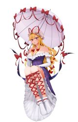 Rule 34 | 1girl, adapted costume, bare shoulders, blonde hair, blush, boots, bow, breasts, cleavage, corset piercing, cross-laced footwear, dress, frills, gap (touhou), hat, hat ribbon, highres, holding, holding umbrella, large breasts, long hair, looking down, mob cap, mobchara p, parasol, purple dress, purple eyes, ribbon, simple background, sitting, socks, solo, thighs, touhou, umbrella, white background, yakumo yukari