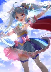 Rule 34 | 1girl, birthday, blue cape, blue eyes, blue hair, brooch, cape, cure sky, cut bangs, day, detached sleeves, dress, earrings, fingerless gloves, gloves, happy birthday, highres, hirogaru sky! precure, jewelry, long hair, looking at viewer, magical girl, mirage pen, mymo0527, open mouth, outdoors, precure, puffy detached sleeves, puffy sleeves, red cape, smile, solo, sora harewataru, sunlight, thighhighs, twintails, two-sided cape, two-sided fabric, very long hair, white gloves, white thighhighs, wing brooch, wing hair ornament