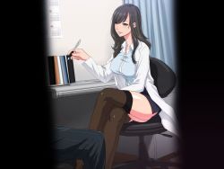 Rule 34 | 1girl, black hair, black thighhighs, blue eyes, blush, breasts, chair, crossed legs, curtains, draycott club, eyebrows, highres, holding, indoors, lab coat, large breasts, legs, light smile, long hair, looking at viewer, mole, mole under mouth, original, parted lips, pencil skirt, sitting, skirt, smile, solo focus, table, thighhighs, thighs