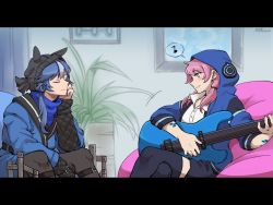 Rule 34 | 2girls, animal hood, arknights, bean bag chair, black panties, black thighhighs, blue eyes, blue hair, blue jacket, blue poison (arknights), chair, collared shirt, commentary, crossed legs, dlanon, eighth note, electric guitar, english commentary, closed eyes, glaucus (arknights), guitar, head rest, holding, holding instrument, hood, hood up, hooded jacket, indoors, instrument, jacket, letterboxed, long hair, looking at another, low twintails, multicolored hair, multiple girls, music, musical note, open clothes, open jacket, panties, parted lips, plant, playing instrument, potted plant, scales, shirt, sitting, sleeves past elbows, spoken musical note, streaked hair, thighhighs, twintails, twitter username, underwear, white shirt, window