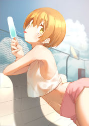 Rule 34 | 10s, 1girl, absurdres, armpits, basketball hoop, commentary request, crop top, fence, food, from side, green eyes, highres, holding, hoshizora rin, leaning, looking back, love live!, love live! school idol project, maao you you, midriff, navel, orange hair, pink shorts, popsicle, see-through, shirt, short hair, short shorts, shorts, solo, summer, sweat, tank top, tongue, white shirt