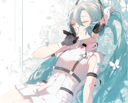 Rule 34 | 1girl, animal, black gloves, blue hair, blush, bug, butterfly, closed eyes, closed mouth, flower, gloves, glowing, hair between eyes, hamuna (hamuna 86), hand up, hatsune miku, headphones, highres, insect, jumpsuit, long hair, rose, short jumpsuit, short sleeves, smile, solo, very long hair, vocaloid, white flower, white jumpsuit, white rose