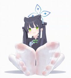 Rule 34 | 1girl, animated, black hair, blue archive, chinese clothes, feet, green eyes, han (hehuihuihui), highres, light blush, long hair, looking at viewer, open mouth, pantyhose, shun (blue archive), shun (small) (blue archive), soles, toes, twintails, video, white pantyhose
