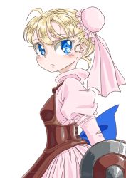 Rule 34 | 1girl, blonde hair, blue eyes, breasts, bun cover, chrono cross, colored eyelashes, commentary request, corset, double bun, dress, hair ornament, looking at viewer, marcy (chrono cross), ribbon, s-a-murai, short hair, simple background, small breasts, solo