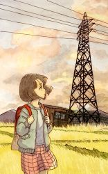 Rule 34 | 1girl, backpack, bag, blue jacket, bob cut, brown eyes, brown hair, chain-link fence, cloud, cloudy sky, commentary, corrugated galvanized iron sheet, cowboy shot, dusk, fence, field, from side, grass, hair strand, highres, holding strap, jacket, looking to the side, nanase774938, original, pink skirt, plaid, plaid skirt, power lines, shack, shirt, short hair, skirt, sky, solo, transmission tower, white shirt, window