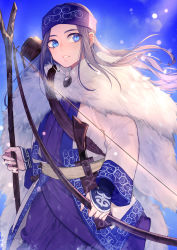 Rule 34 | 1girl, ainu clothes, asirpa, blue eyes, blue sky, bow (weapon), day, earrings, floating hair, golden kamuy, grin, highres, holding, holding bow (weapon), holding staff, holding weapon, hoop earrings, jewelry, long hair, long sleeves, looking at viewer, outdoors, sava (sava 023), silver hair, sky, smile, solo, staff, standing, weapon