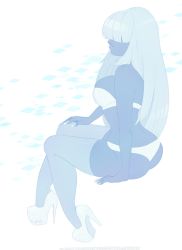 Rule 34 | 1girl, alien, arched back, arm support, ass, blue skin, blunt bangs, bra, colored skin, curvy, facing away, french nails, full body, hair over eyes, high heels, kokobuttz, long hair, monochrome, nail polish, panties, parted lips, platform footwear, platform heels, sapphire (steven universe), sitting, solo, steven universe, strapless, strapless bra, thighhighs, underwear, underwear only, white bra, white hair, white panties