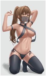 Rule 34 | 1girl, absurdres, arm strap, armpits, arms up, bare arms, bare shoulders, bikini, black bikini, black choker, black thighhighs, breasts, brown eyes, brown hair, choker, cleavage, closed mouth, criss-cross halter, gluteal fold, grey background, hair intakes, halterneck, highres, kneeling, large breasts, long hair, looking at viewer, mouth veil, navel, no shoes, original, ponytail, see-through, shadow, side-tie bikini bottom, sidelocks, simple background, smile, solo, stomach, string bikini, swimsuit, thighhighs, thighs, tongue, tongue out, veil, yj (yojo san)