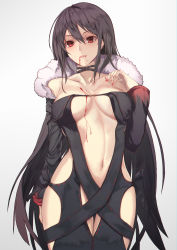 Rule 34 | 1girl, absurdres, black choker, black dress, black hair, blood, breasts, breasts apart, choker, coat, commentary request, yu mei-ren (fate), dress, fate/grand order, fate (series), fur-trimmed coat, fur trim, highres, hmrgyukina, long hair, looking at viewer, medium breasts, navel, red eyes, revealing clothes, solo, very long hair