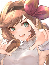 Rule 34 | 1girl, absurdres, armpits, asaikeu, clarisse (granblue fantasy), gesture, gesture request, granblue fantasy, green eyes, hair ornament, highres, looking at viewer, simple background, smile, sweater, teeth, white background