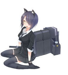 Rule 34 | 10s, 1girl, animal ears, black thighhighs, blush, cat ears, gloves, hair over one eye, headgear, highres, kantai collection, kemonomimi mode, looking at viewer, machinery, necktie, pleated skirt, school uniform, short hair, simple background, sitting, skirt, solo, sword, tenryuu (kancolle), thighhighs, uttt, weapon, white background, yellow eyes, zettai ryouiki